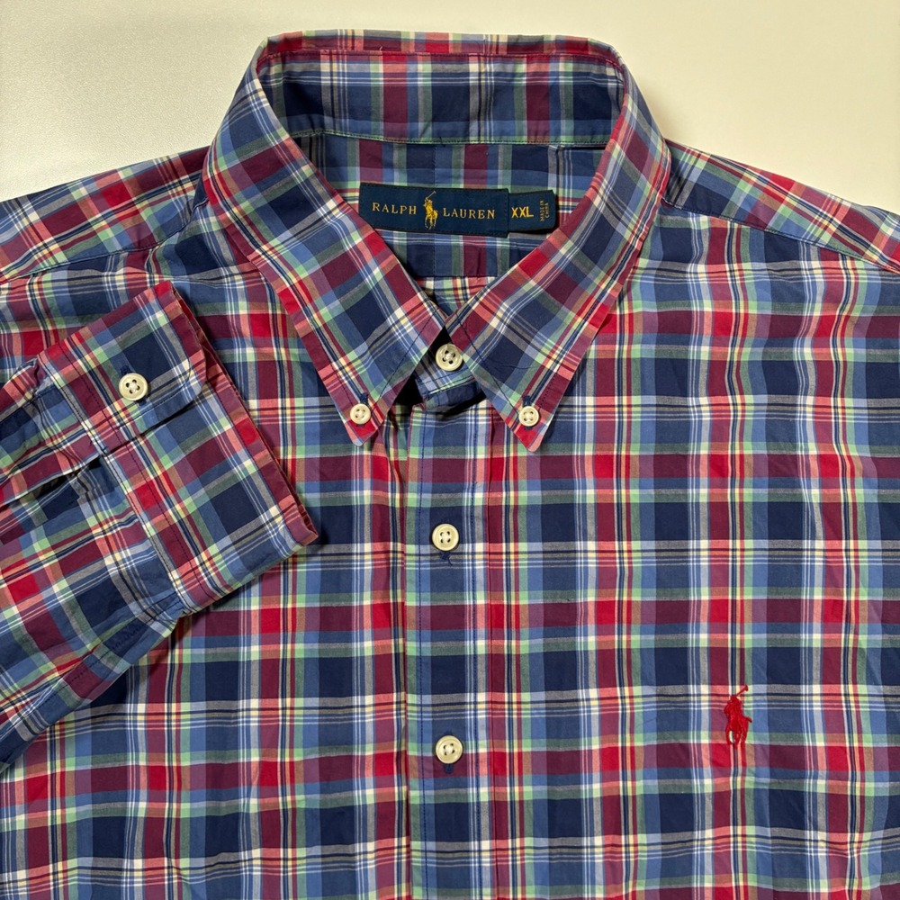 Ralph Lauren Button Down Shirt‎ 2XL Blue Red Plaid Long Sleeve Button
